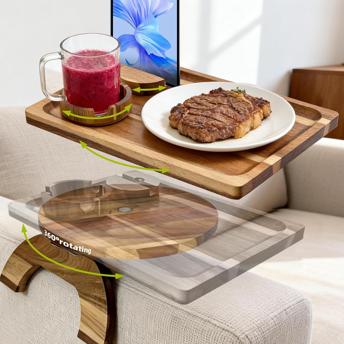 Wood sofa arm tray with a mug in removable cup holder and phone on integrated stand, close-up with rotation arrows