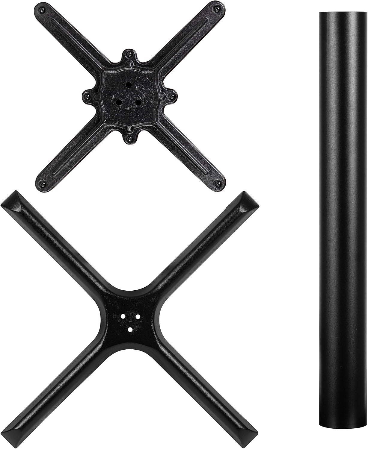 Table components laid out on white background showing the X-shaped cast-iron base and separate round metal column