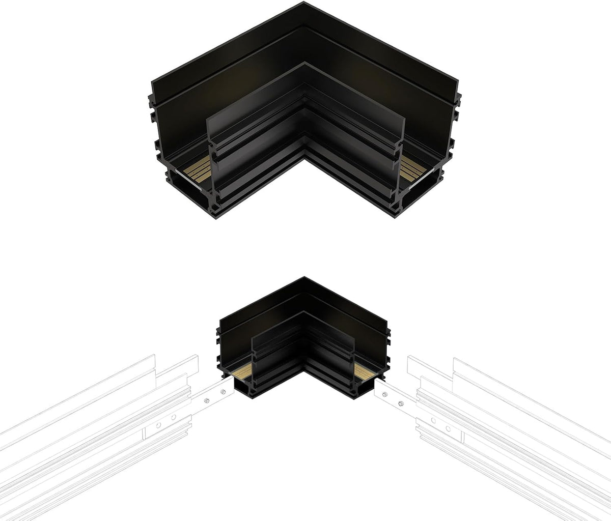 Black L-shaped recessed track corner connector shown twice against a white background
