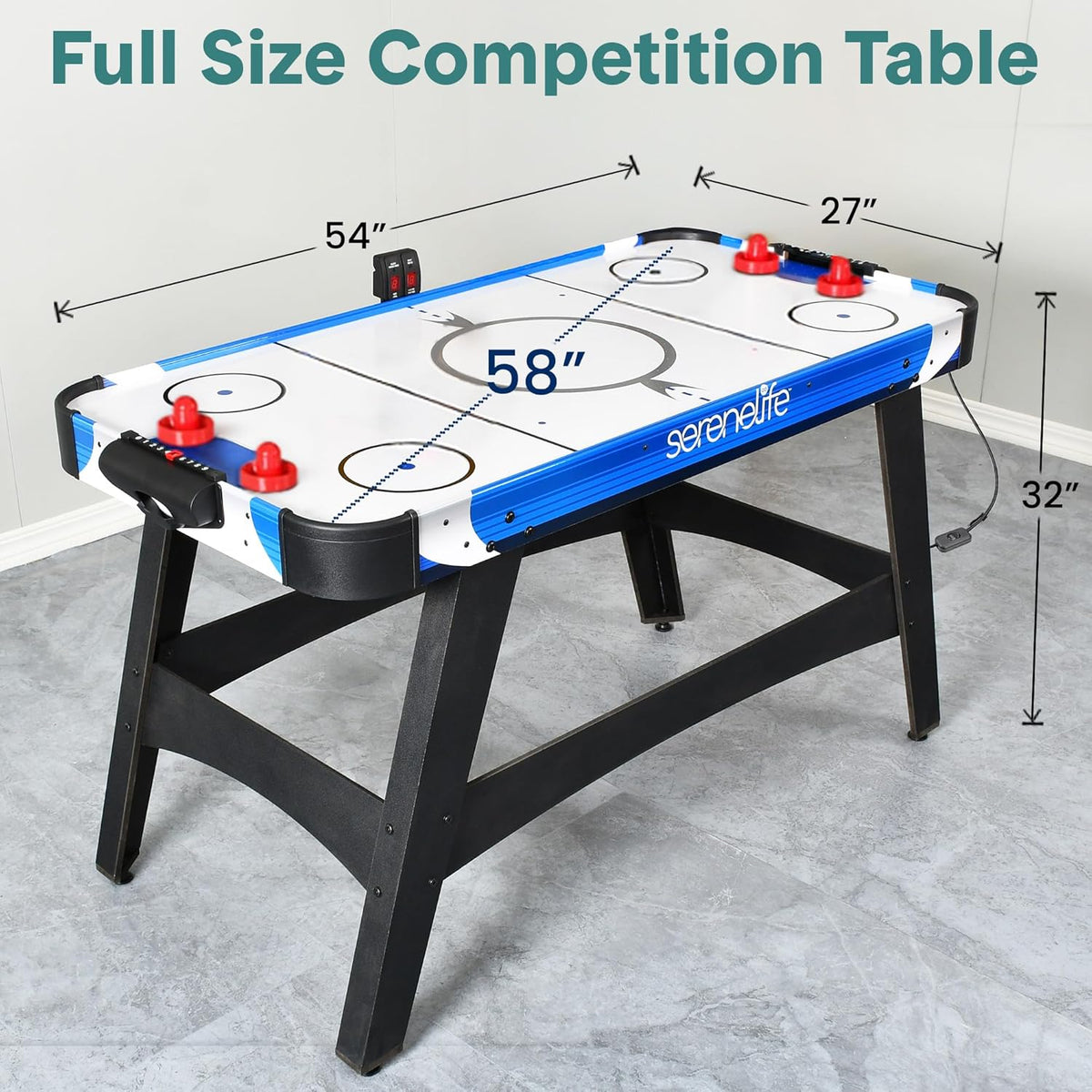 Angled view of table with dimension overlays showing 58", 54" and 27" measurements on the play surface