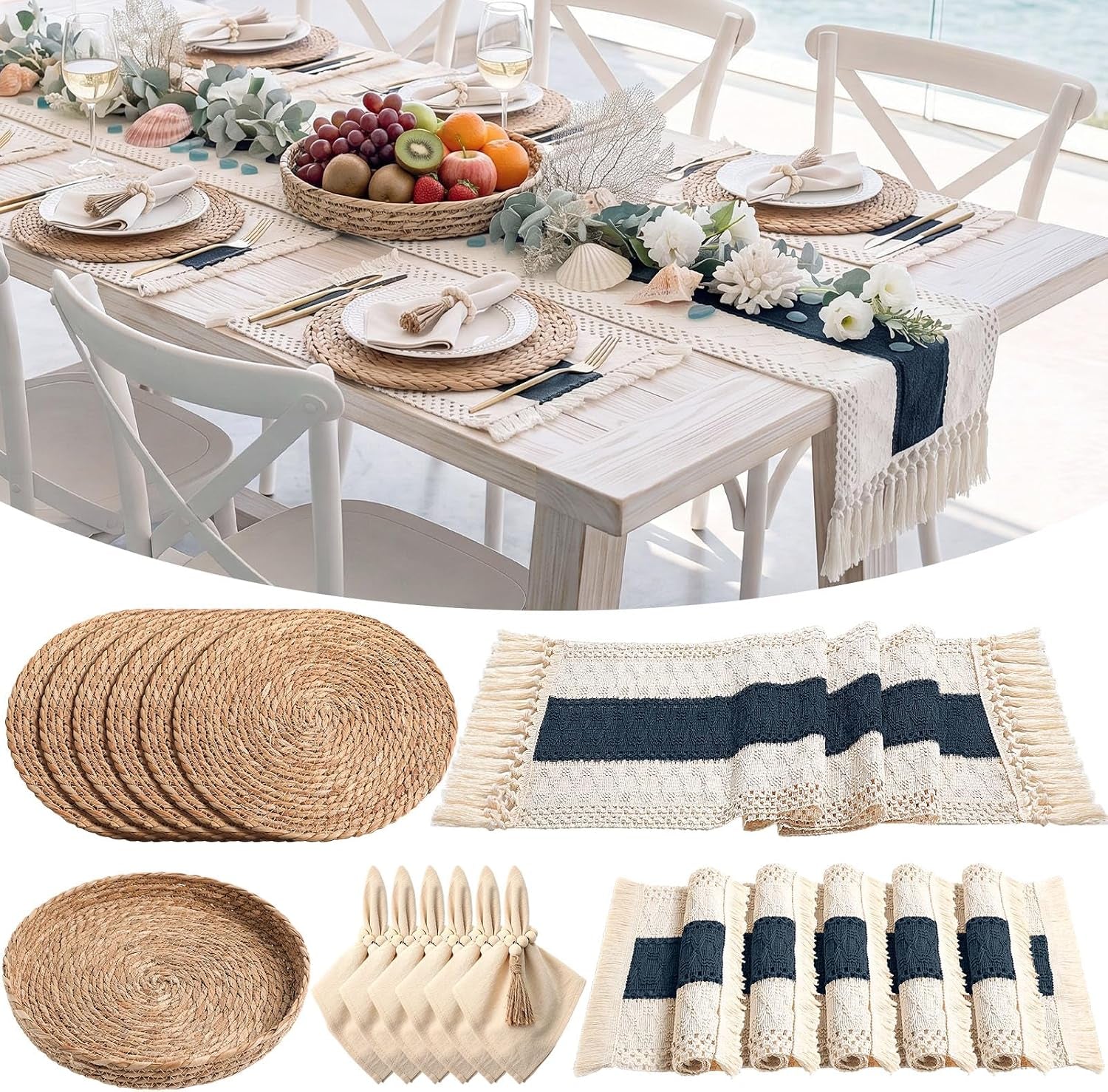 Dining table set with woven round placemats and a cream runner with a dark navy center stripe