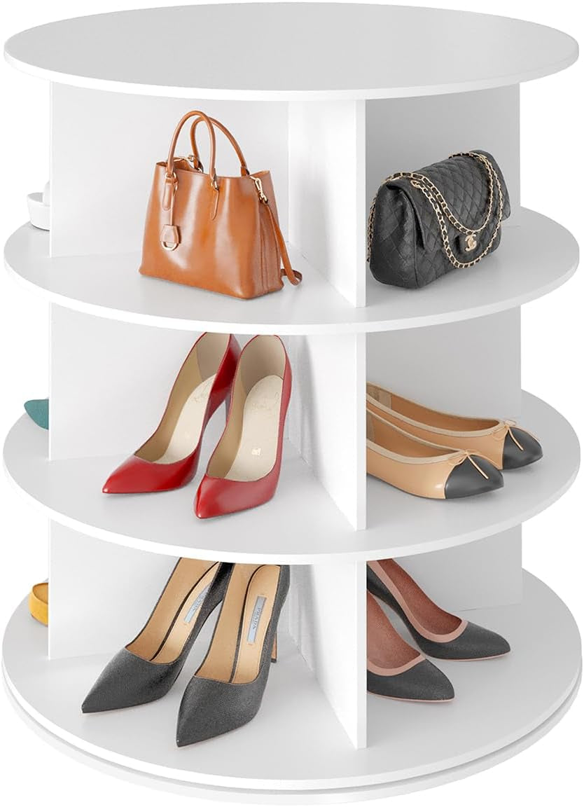 Low-angle view of the white rack's middle tiers displaying pairs of heels in the compartments.