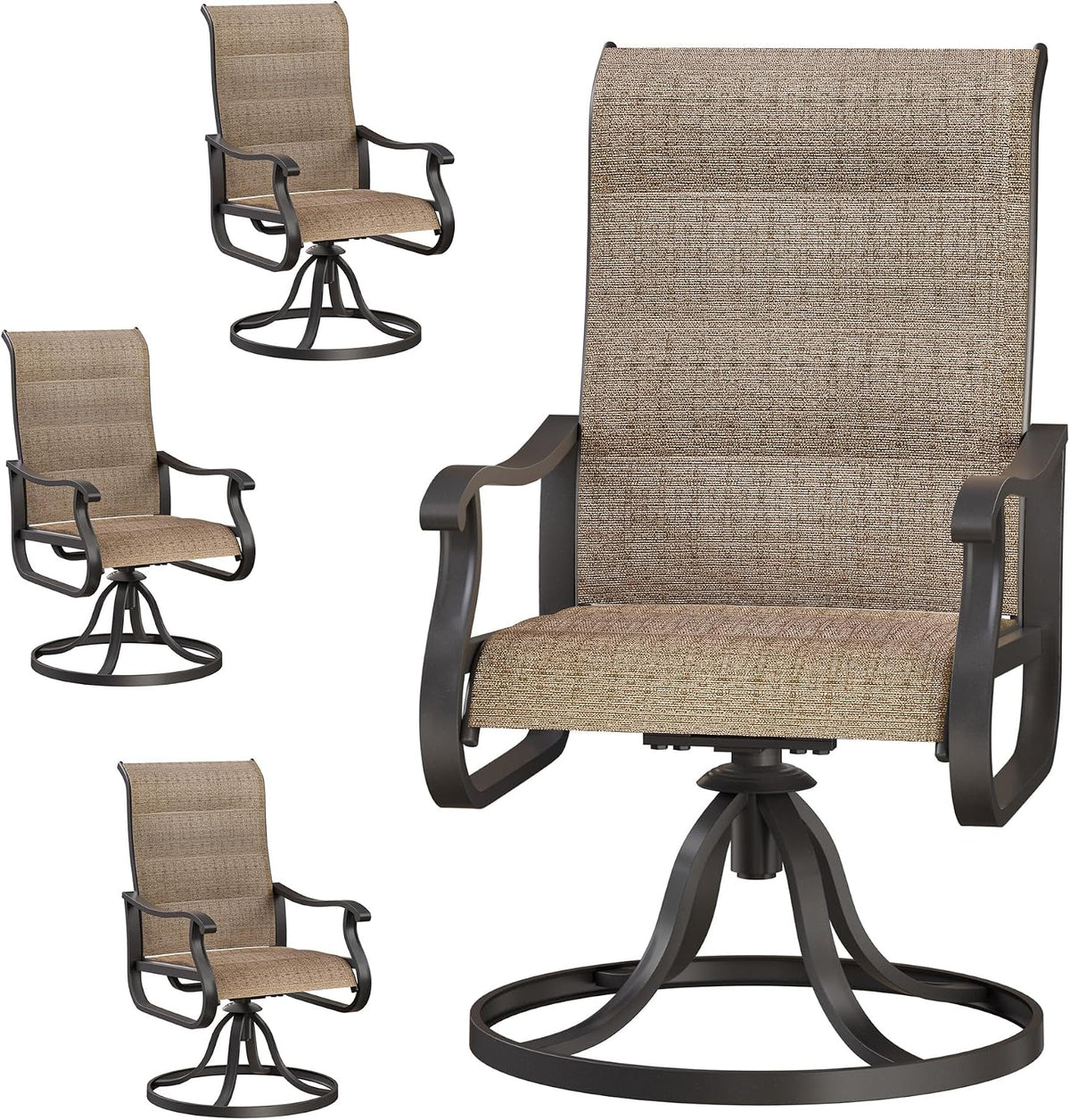 Brown high-back outdoor swivel rocking chair with metal circular base shown large and three smaller views