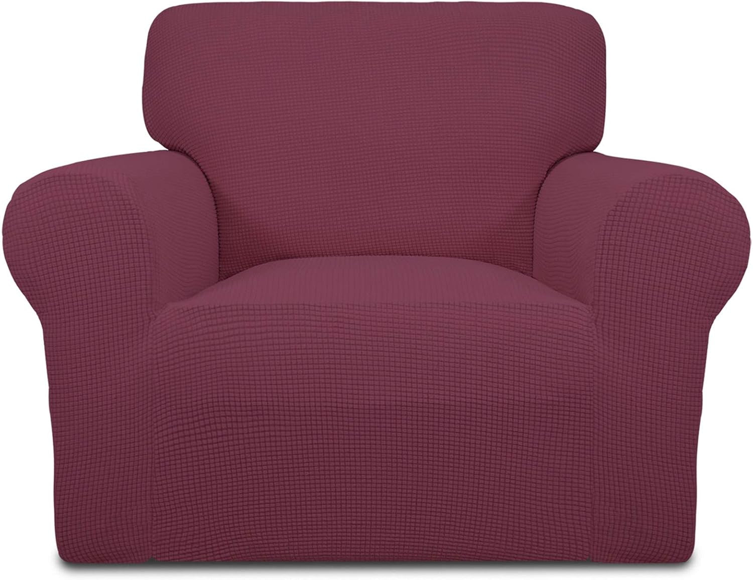 Front view of a single-seat armchair covered in a wine‑colored slipcover, showing snug fit over arm curves.