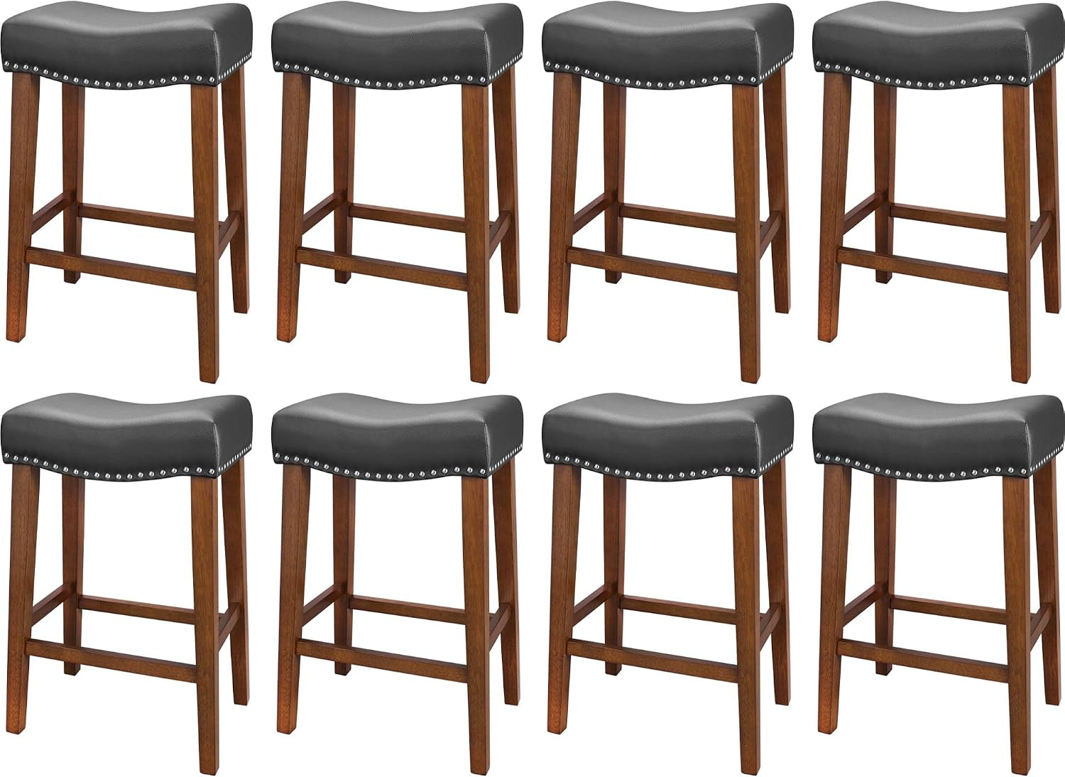 Eight backless counter stools with dark gray saddle seats and wooden legs, displayed in two rows on white background.