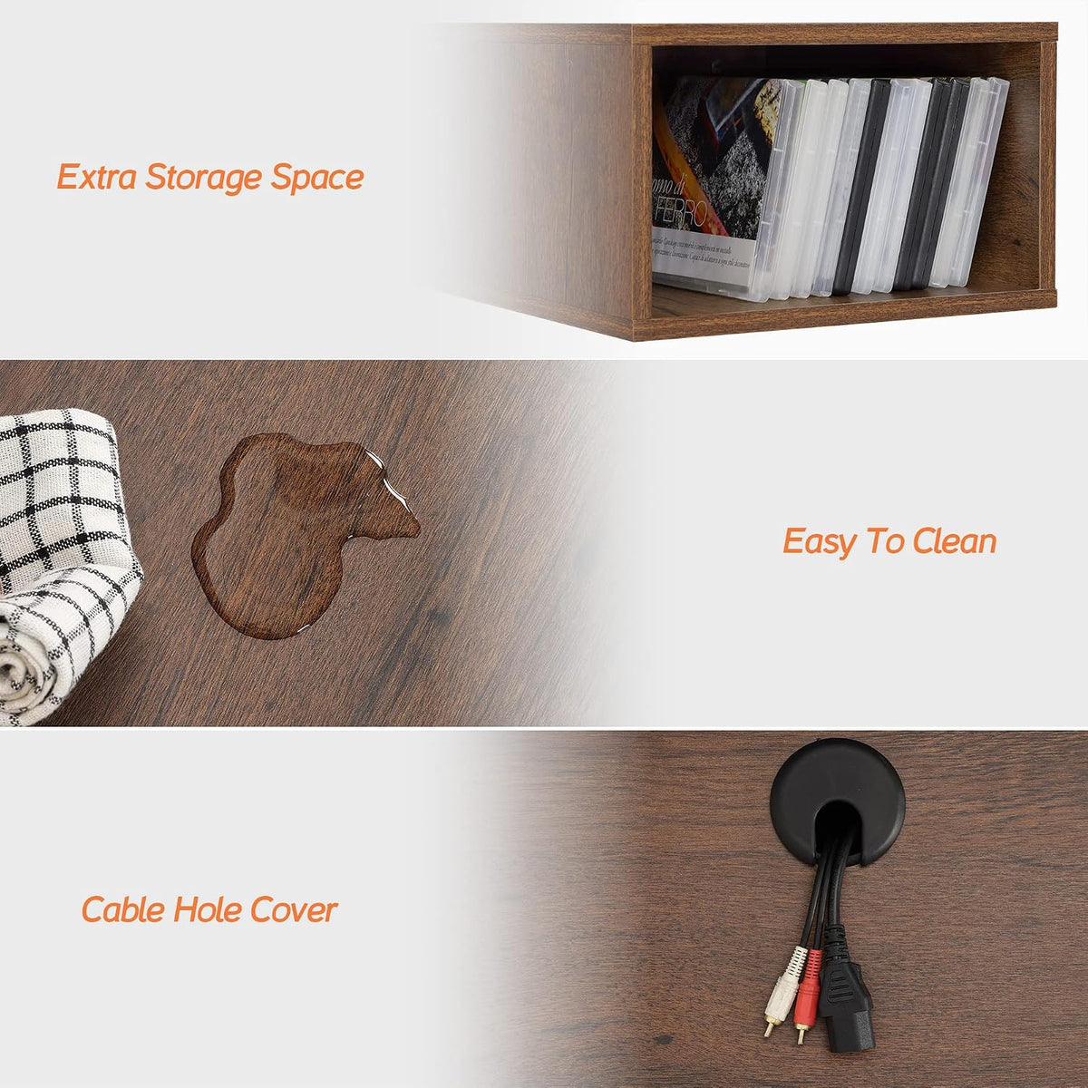Close-up collage showing a console cubby, wood-look surface and cable hole cover