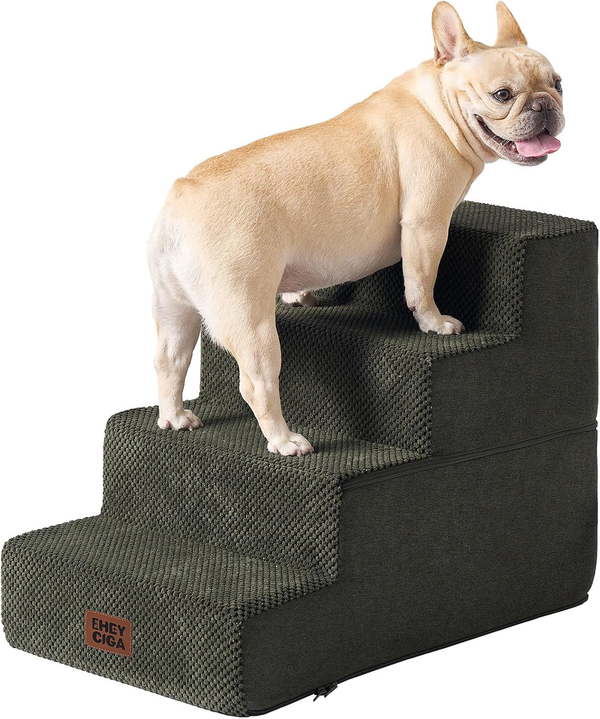 Deep olive-green stairs close-up showing textured cover and a small dog standing on the upper steps