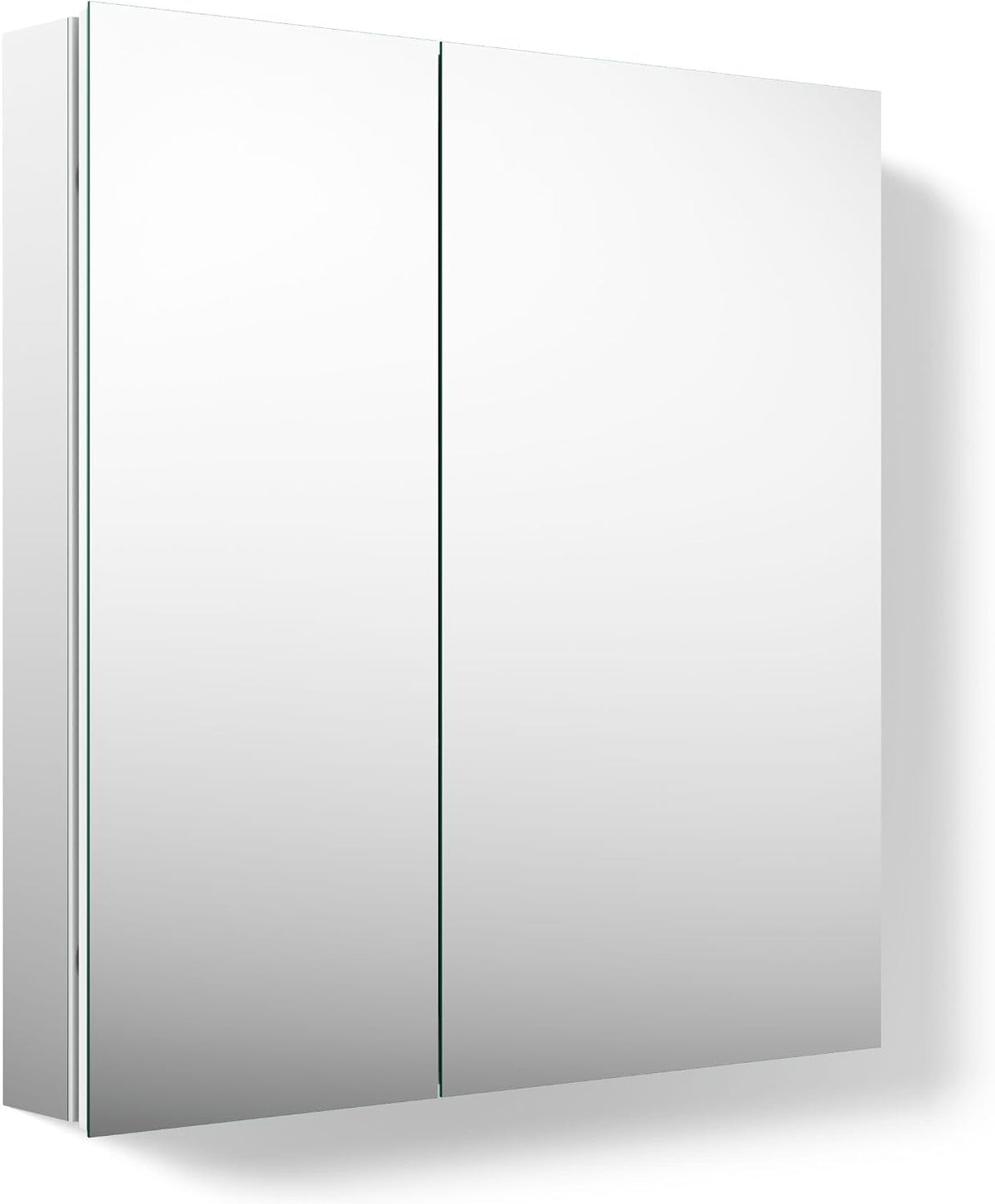 Front-facing view of a two-door frameless mirrored medicine cabinet with a narrow center gap.