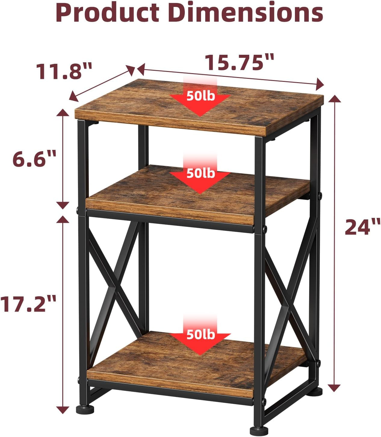 Three-tier rectangular side table with X-frame metal supports and measurement arrows.