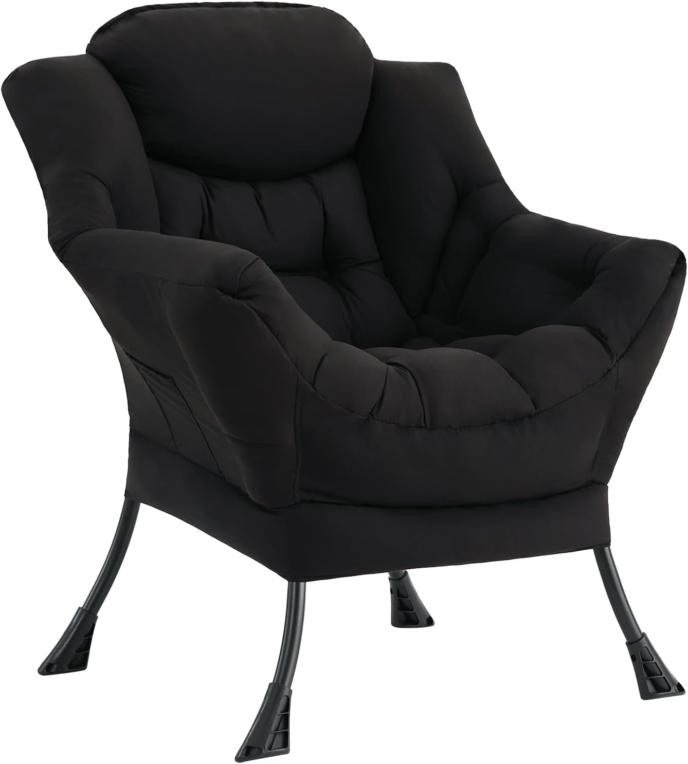Black padded lounge chair angled to show tufted seat and curved metal legs