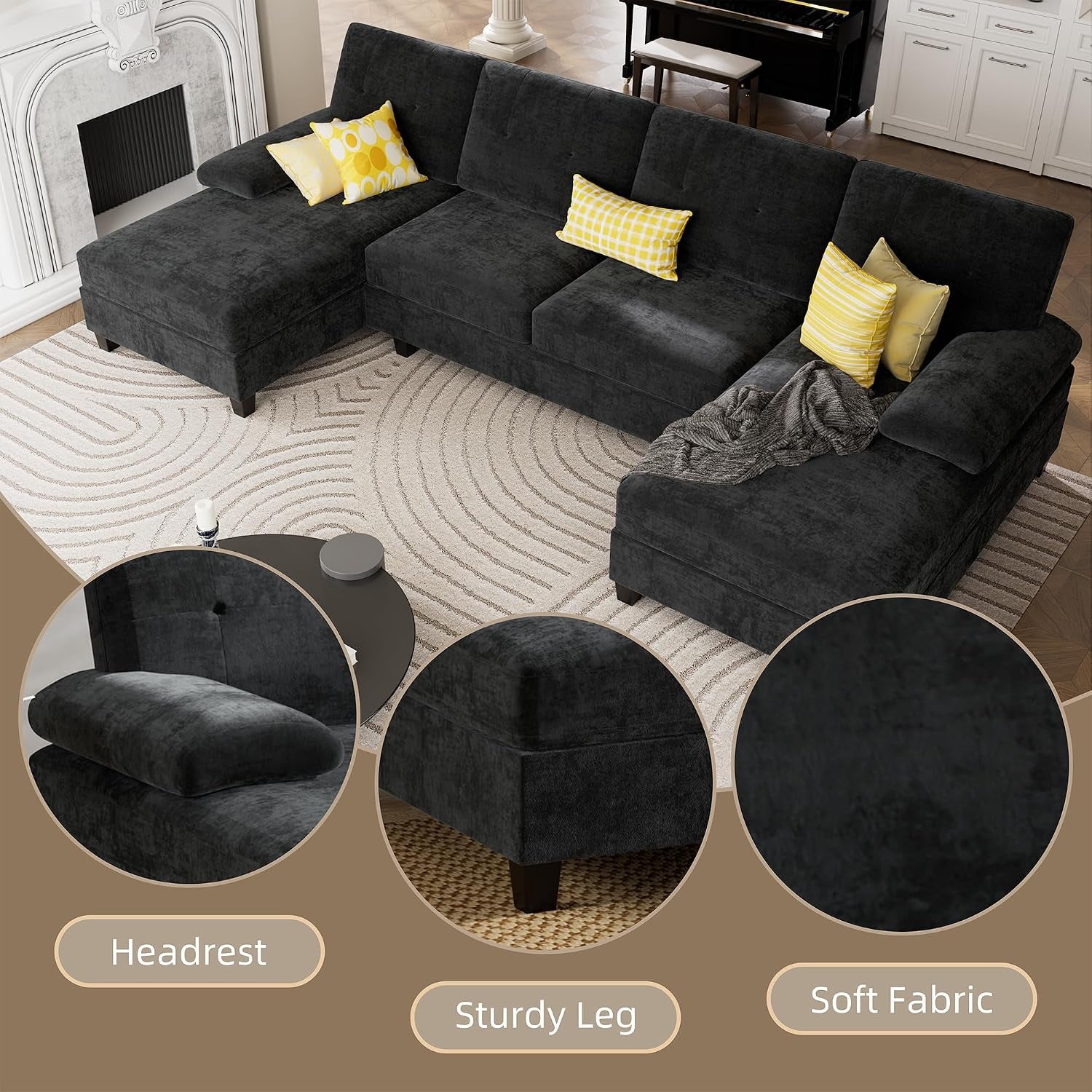 Top-down living room view of the sectional highlighting headrest, leg, and fabric close-up details