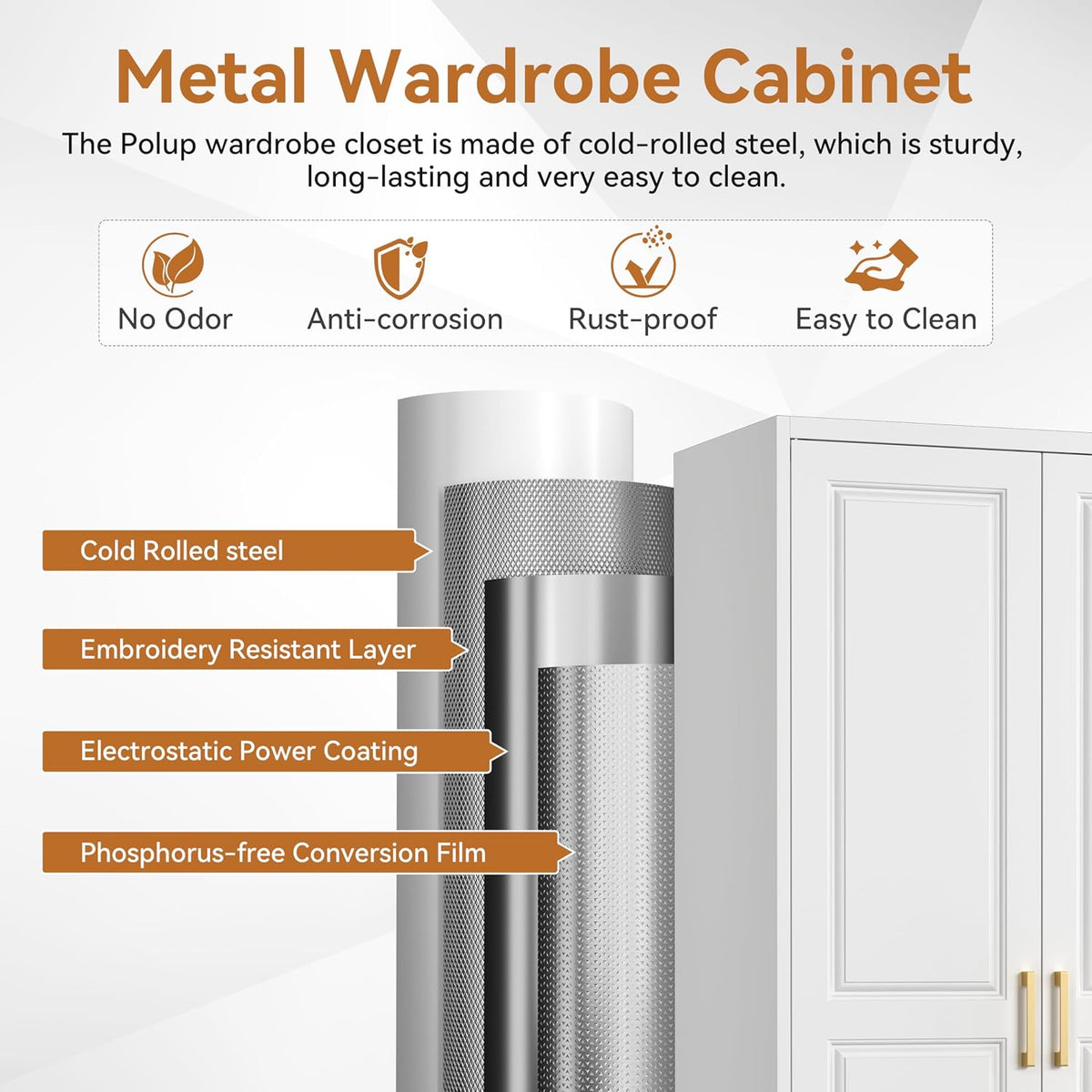 Graphic showing layered metal materials and a partial view of the white wardrobe doors