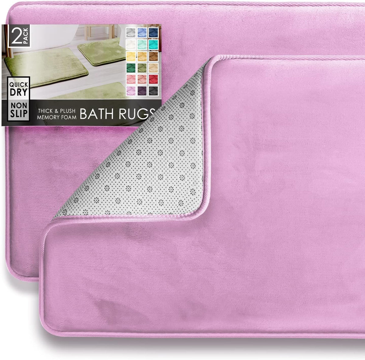 Flat close-up of two pink rectangular rugs with the top corner lifted to reveal the dotted non-slip backing and braided edge