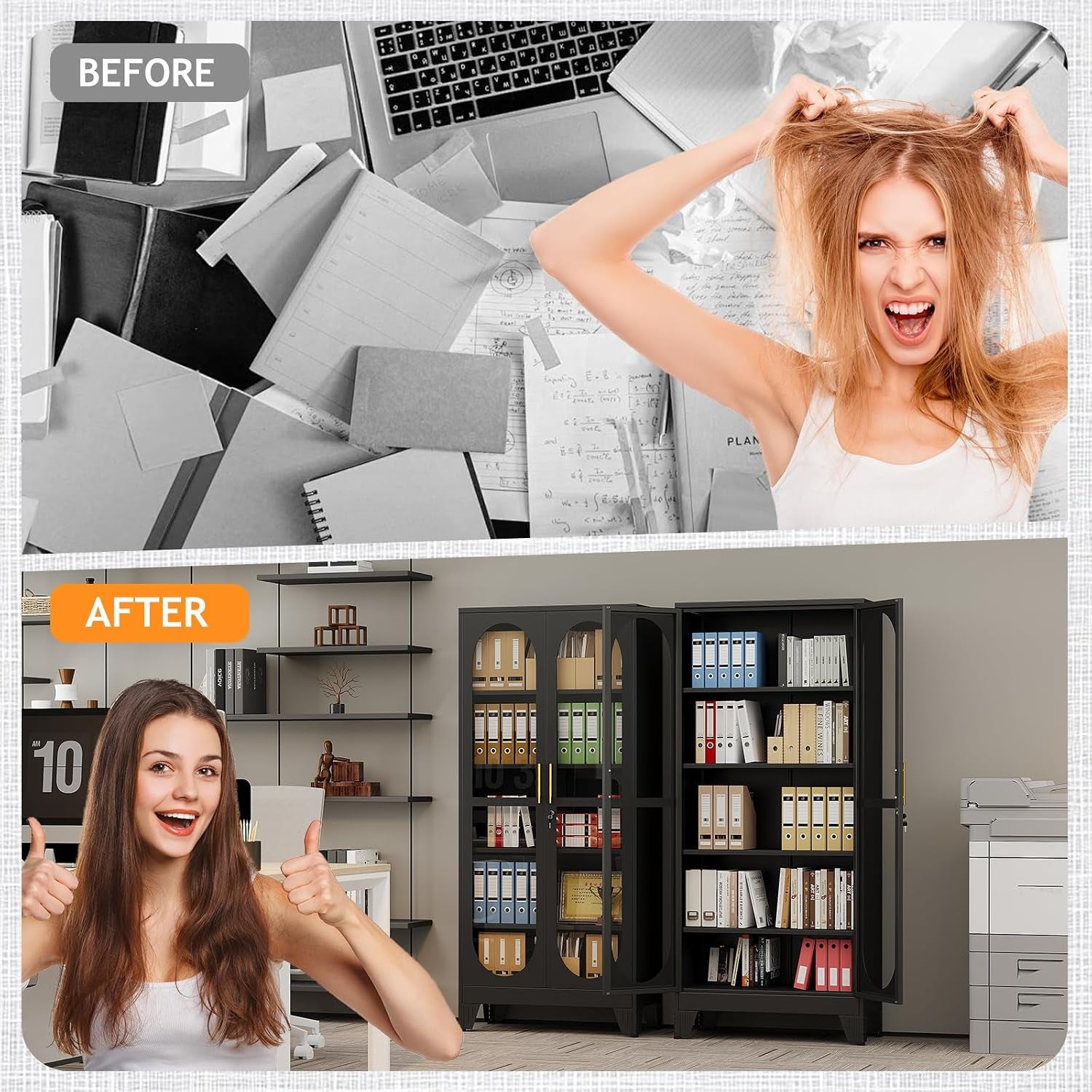 Split collage: chaotic desk 'before' above and organized office scene with two black display cabinets 'after' below.
