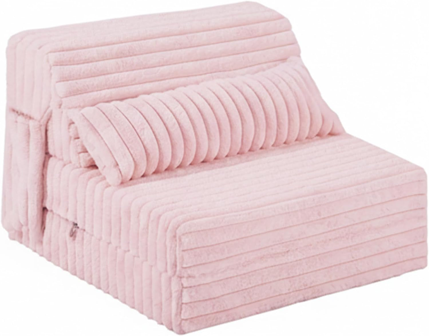 Pink ribbed plush folding mattress shown folded into a single-seat chair with matching lumbar pillow