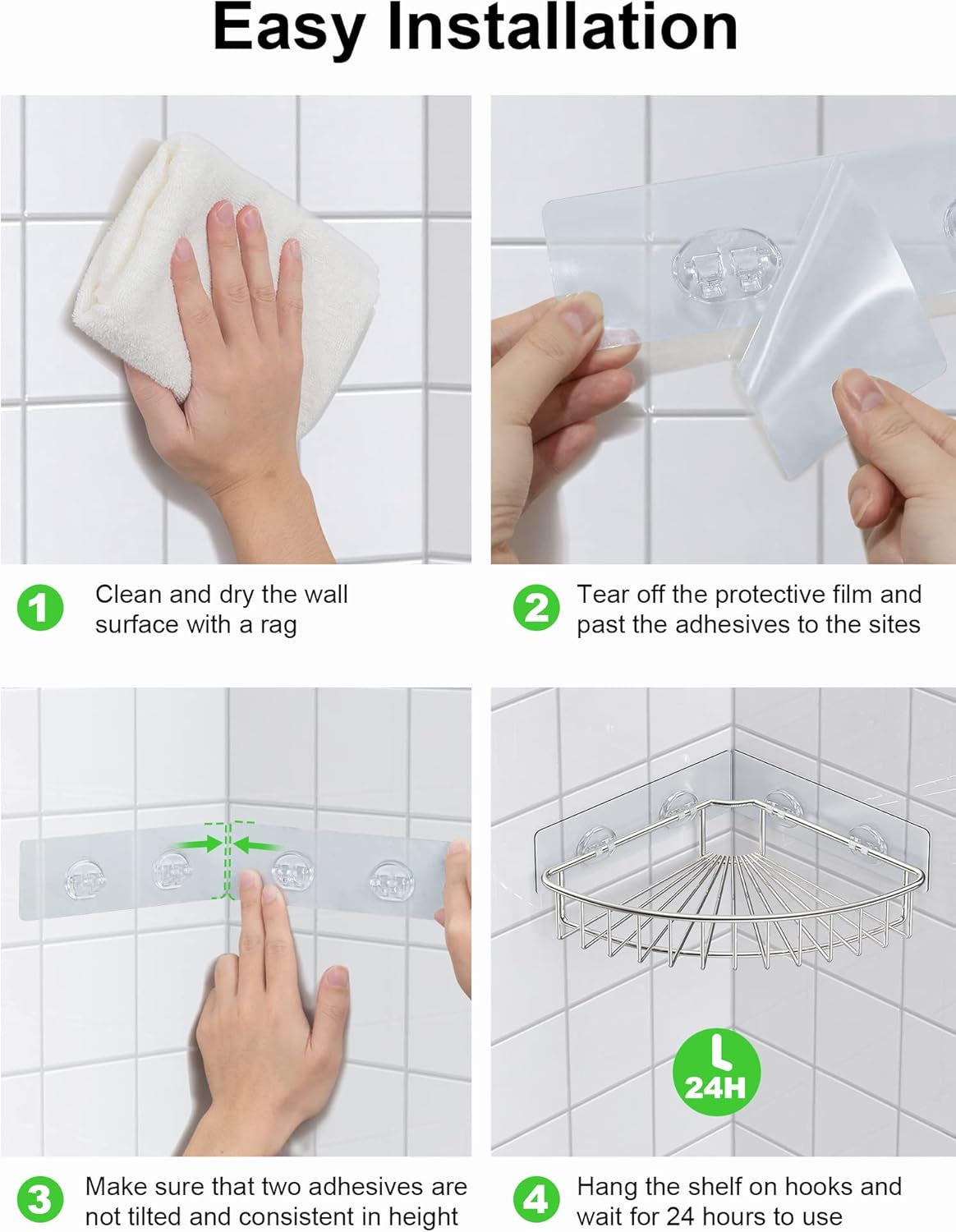 Four-panel collage showing wiping tile, peeling protective film, pressing adhesive strip, then shelf hung to cure