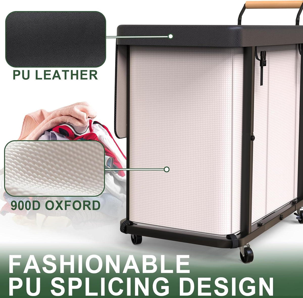 Detail of black PU-spliced rim and textured 900D Oxford fabric panel on the laundry sorter