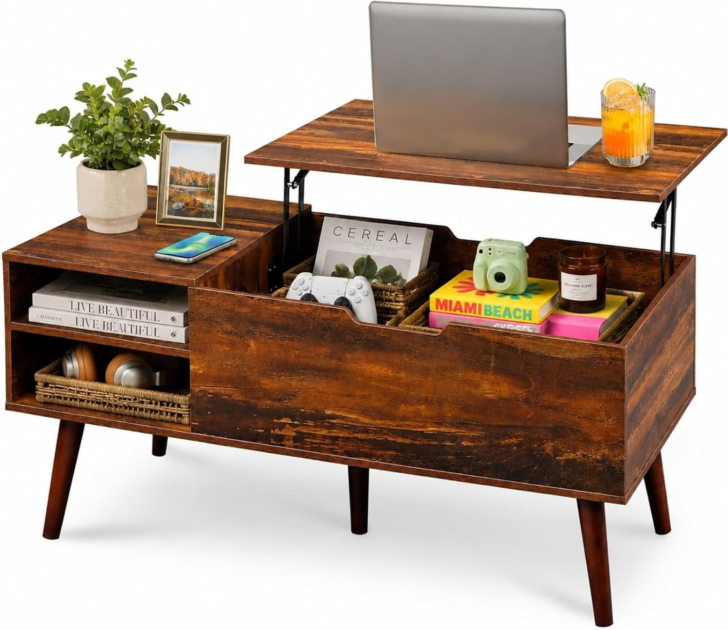 Wood-tone lift-top coffee table with raised top, side shelving, divided interior storage and tapered legs