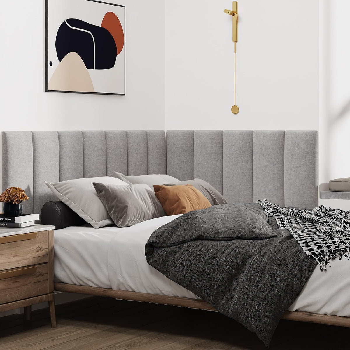 Vertical-channel medium gray headboard panels installed in an L-shaped corner behind a bed in a bedroom setting