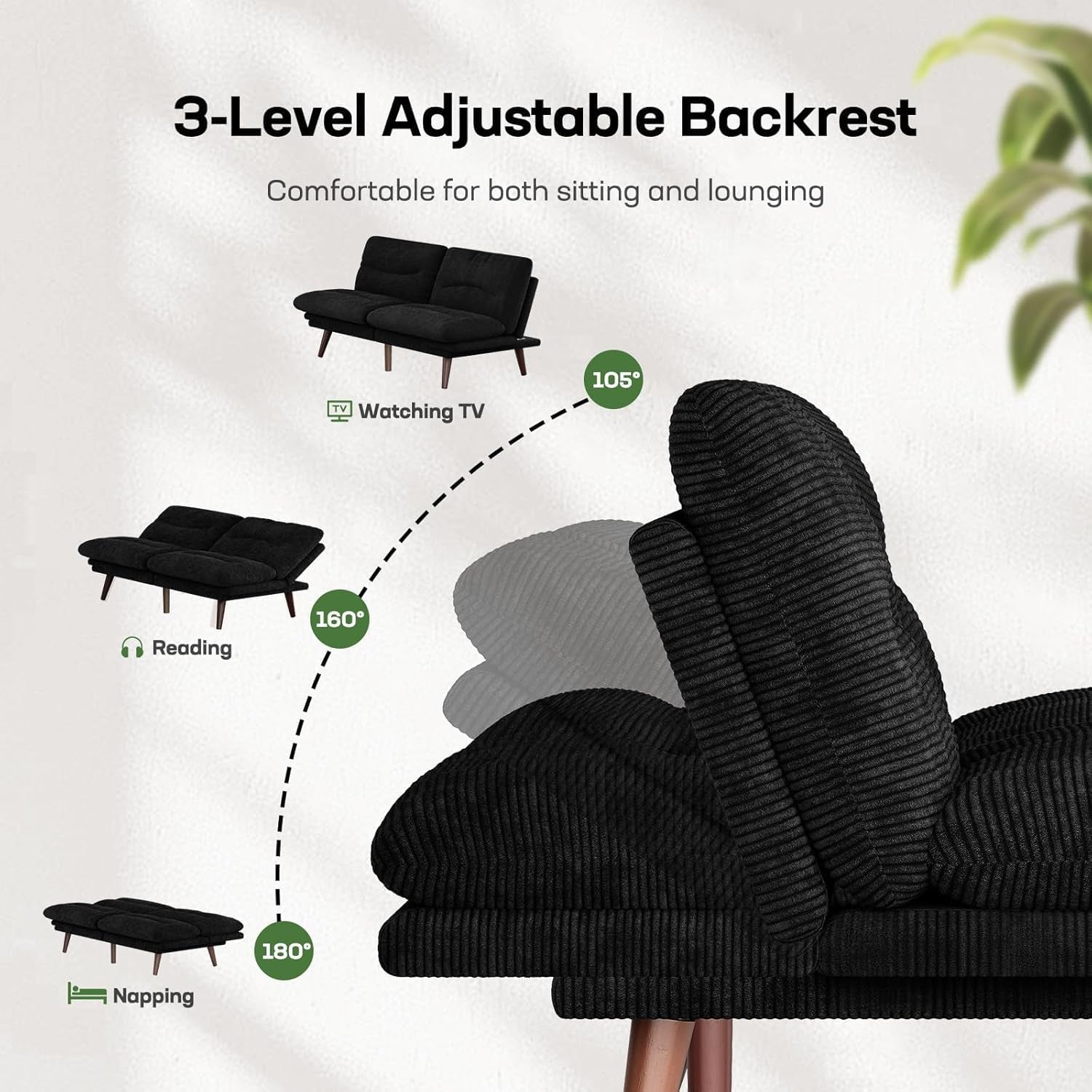 Close-up of futon backrest showing three adjustable positions illustrated at 105°, 160°, and 180°