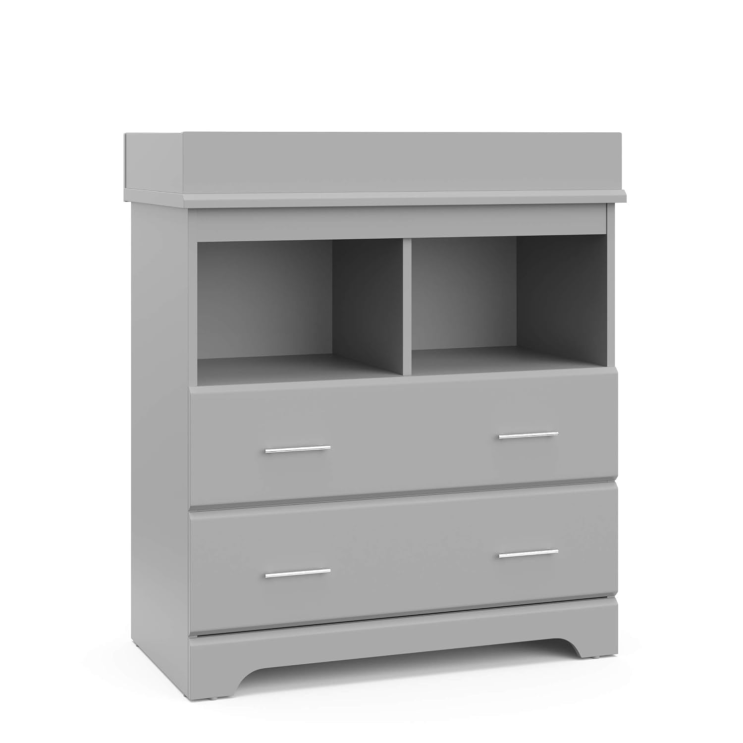 Close-up of the removable changing topper in white showing two open cubbies from the front.