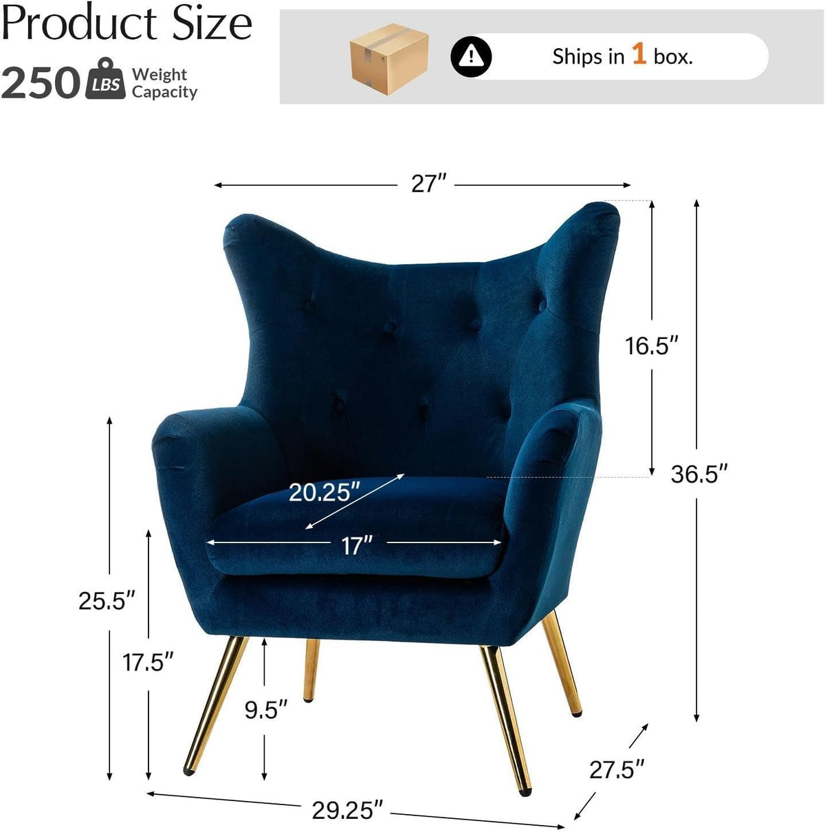 Printed product diagram showing the navy tufted wingback chair with annotated measurements and a 250 lb capacity badge