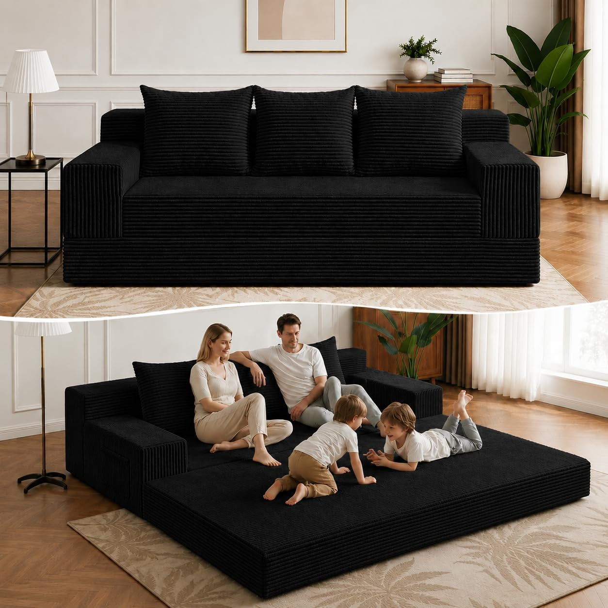 Top: black corduroy loveseat front view; Bottom: same sofa converted to large floor bed with family