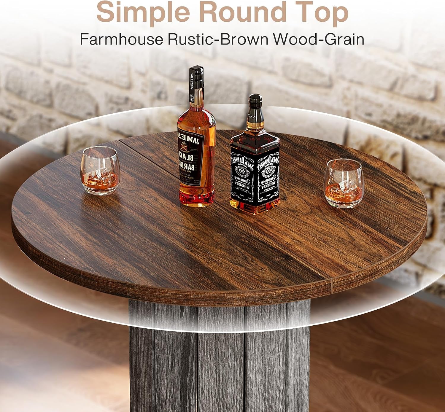 Close-up of the rustic brown wood-grain round tabletop with glasses and bottles displayed on top