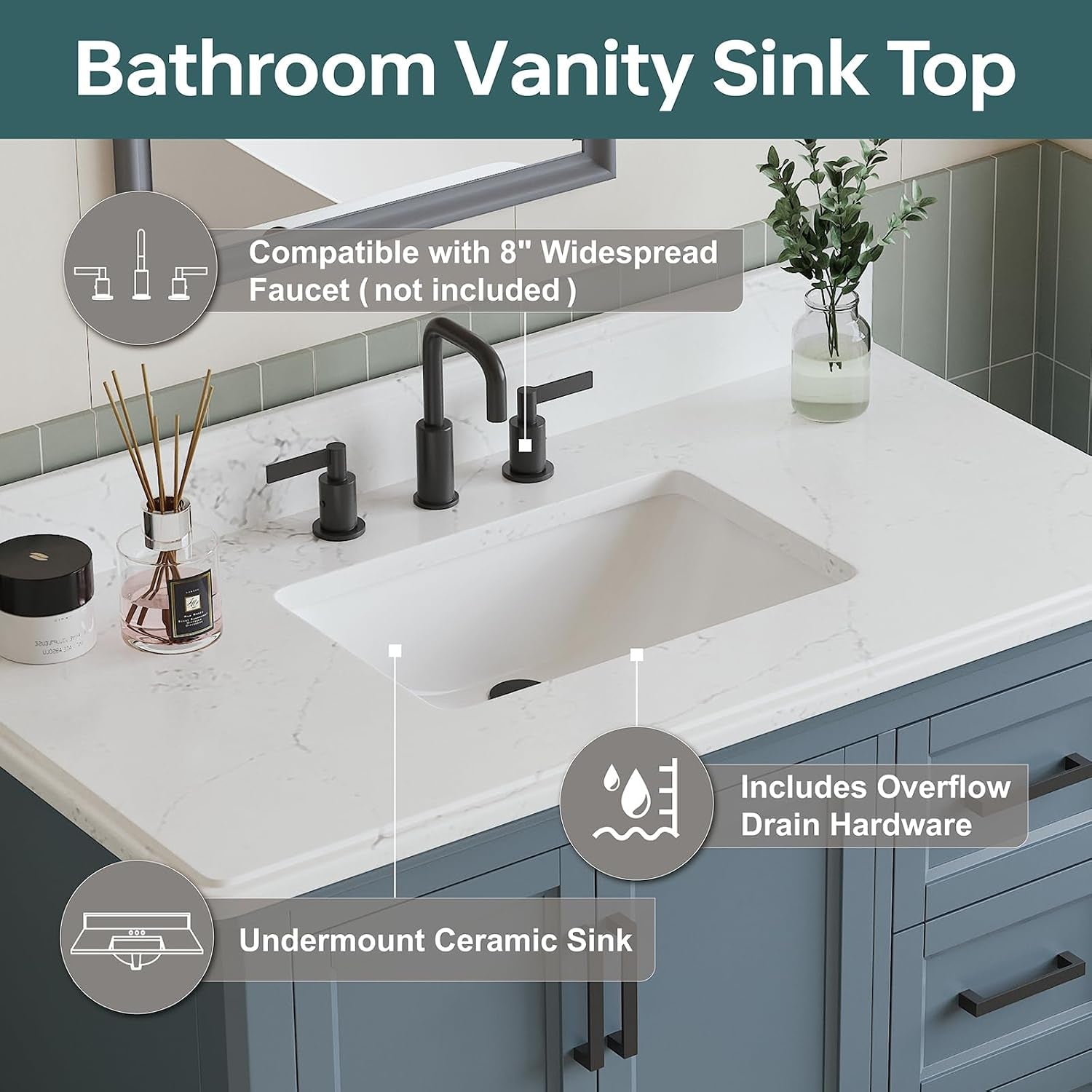 Close-up of white quartz countertop and rectangular sink area with three-hole faucet openings