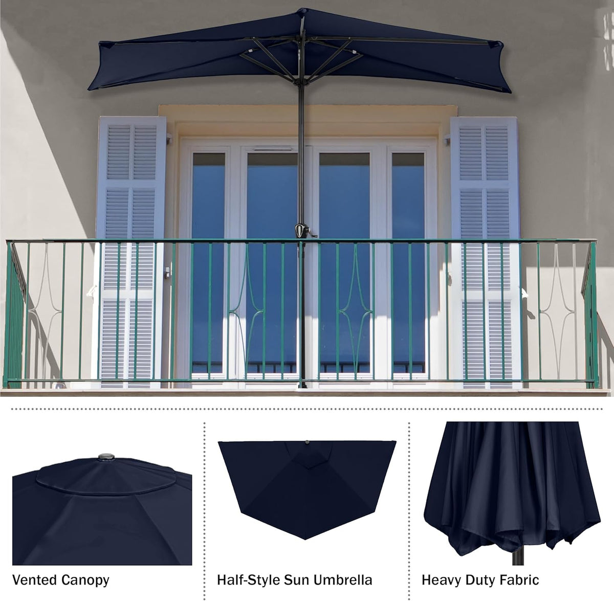 Half-round umbrella mounted on a balcony over a railing, front-facing view