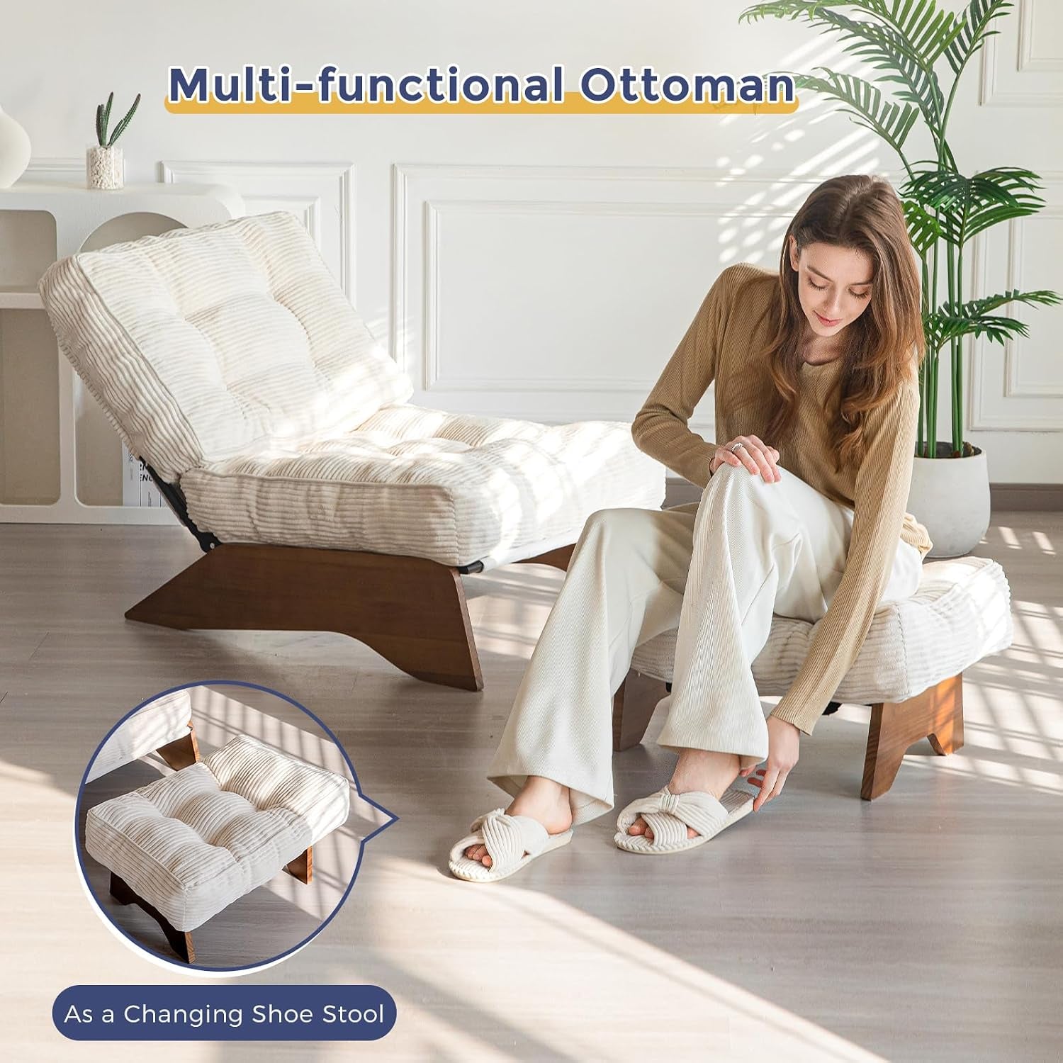 Beige chair and ottoman in a sunlit room with a woman sitting on the ottoman tying a slipper
