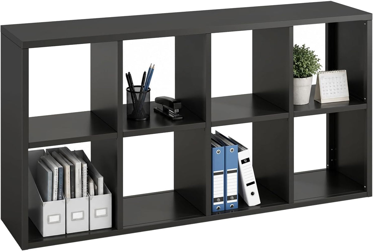 Black 8-cube metal bookshelf front view with open cubbies holding binders, files and desk accessories.