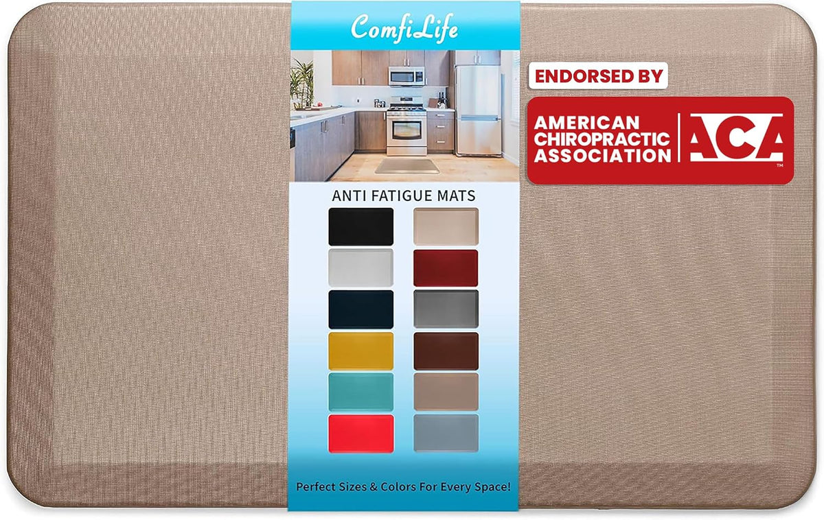 Light beige anti-fatigue mat viewed flat with a vertical product label showing color options and an endorsement logo