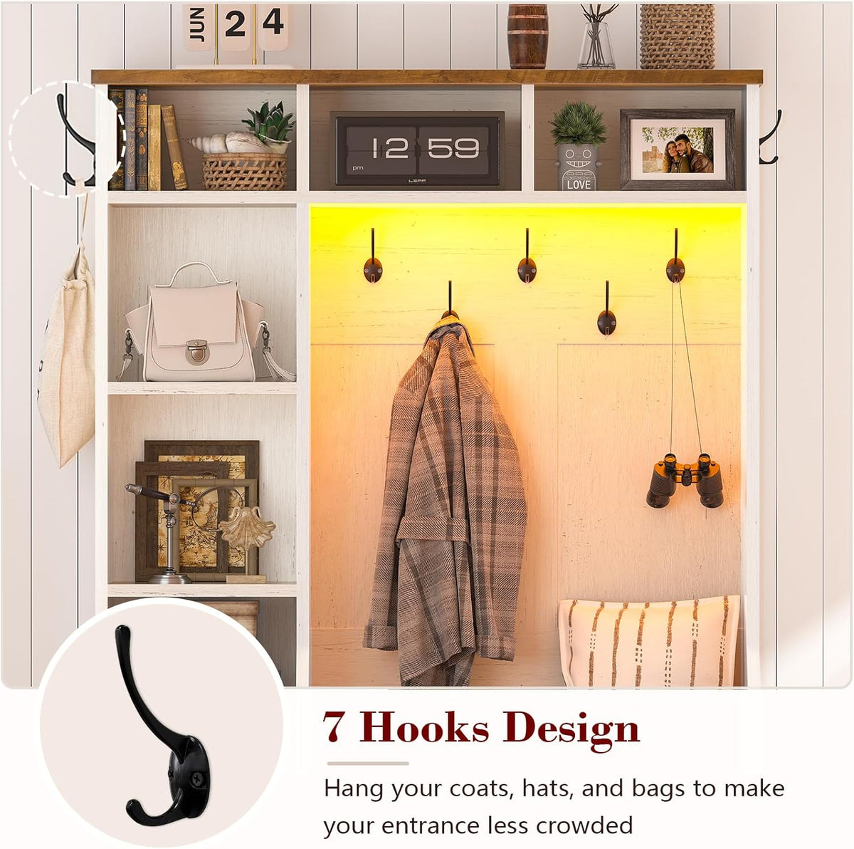 Close-up of seven metal coat hooks on the back panel with RGB LED lighting and open shelving above