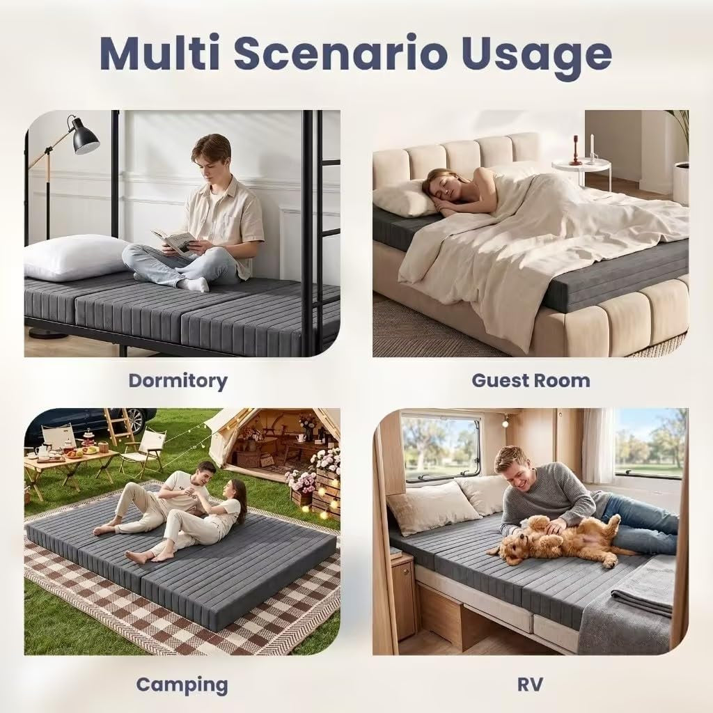 Four-scene collage showing mattress used in dormitory, guest room, camping and RV settings