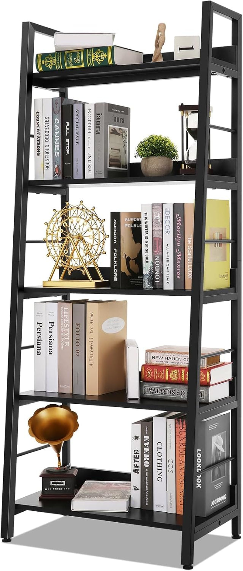 Close-up of black ladder shelves showing books and decorative objects on the middle tiers