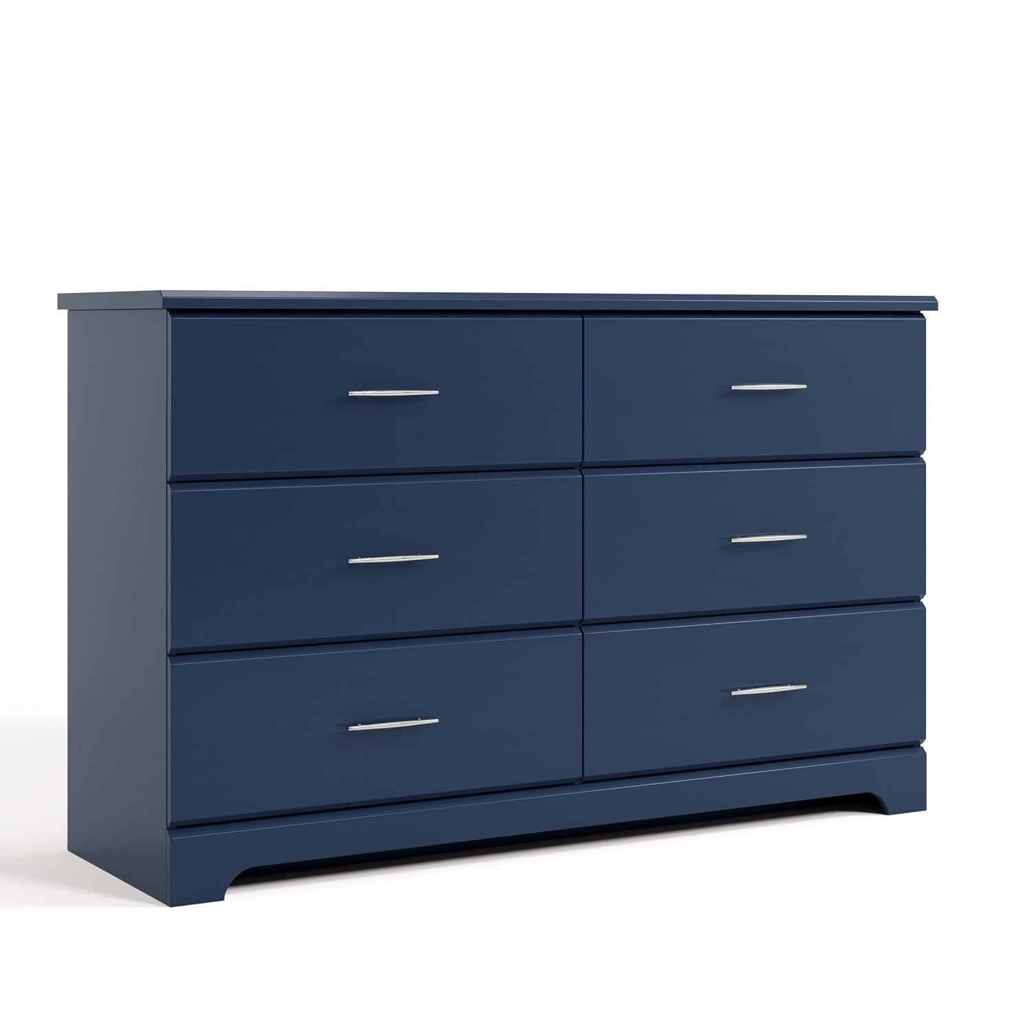 Three-quarter front view of a navy six-drawer dresser with slim metal handles