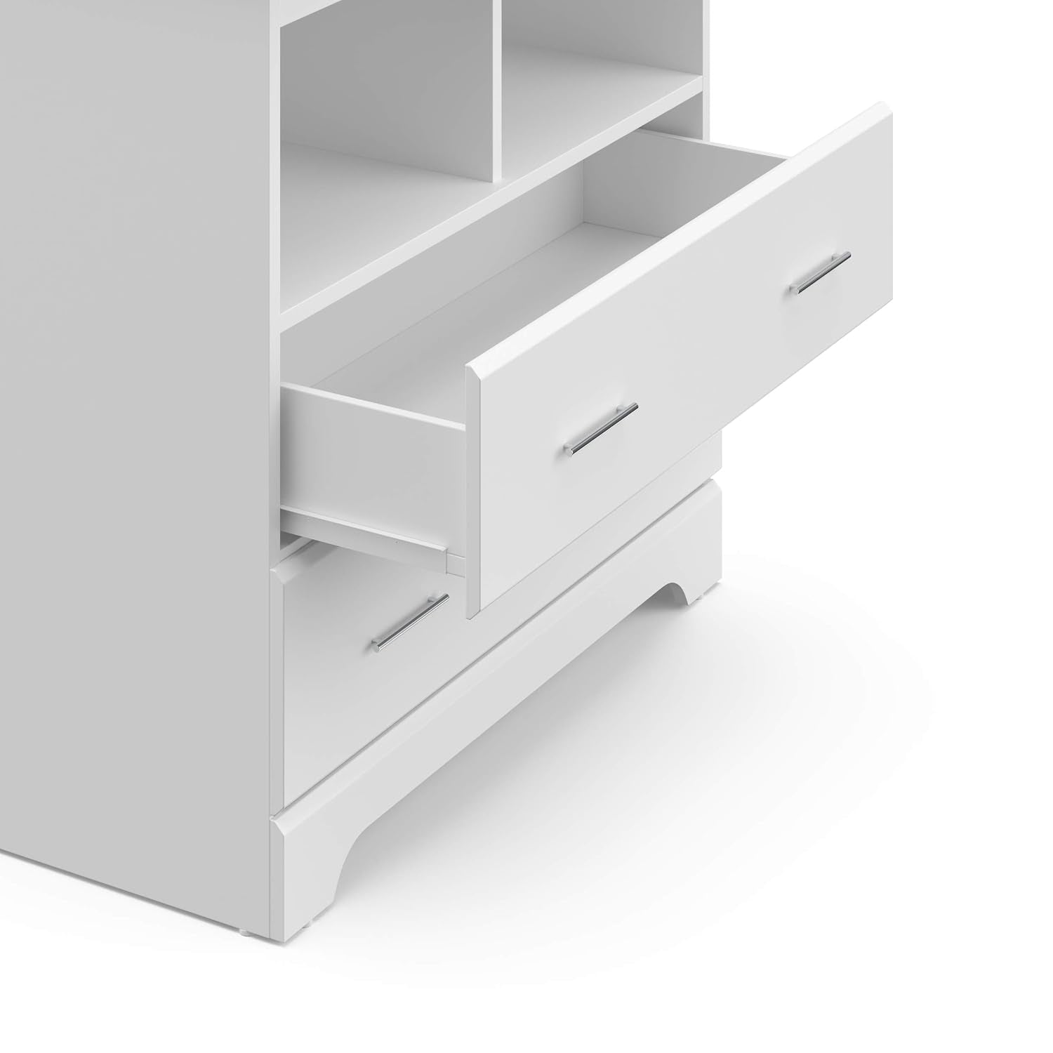 Close-up of the lower-right section showing the middle drawer extended and the metal bar handle and shaped base molding.