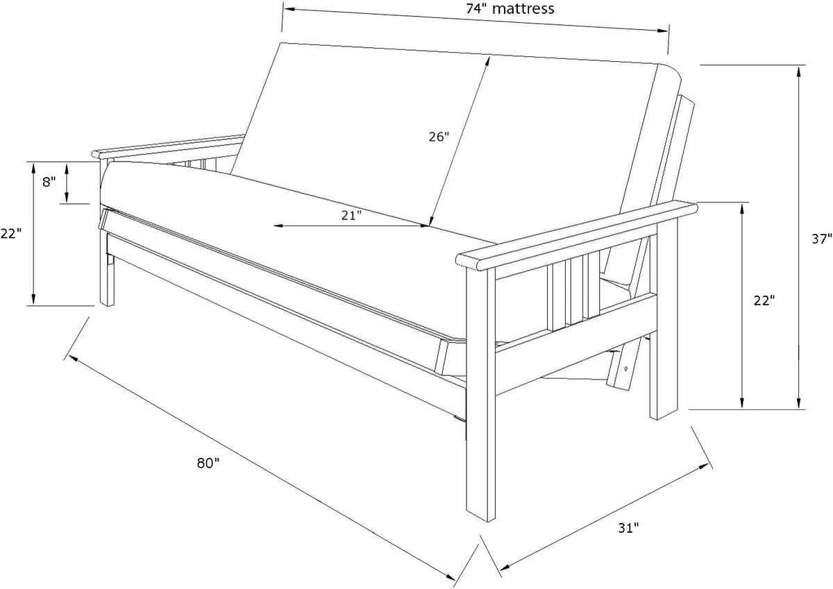 Line-drawing diagram of full-size futon with dimensional callouts showing overall length, height and seat measurements