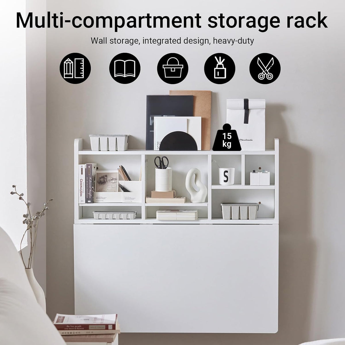 Front view of multi-compartment storage rack with books and small decor on white shelves