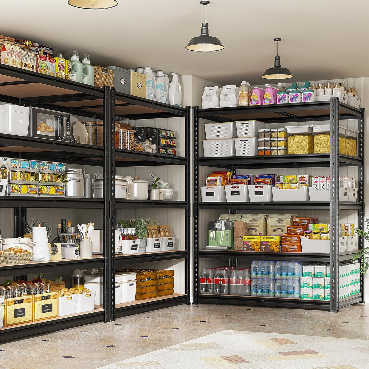 Two black metal shelving units in a bright pantry-style room filled with food bins and household goods