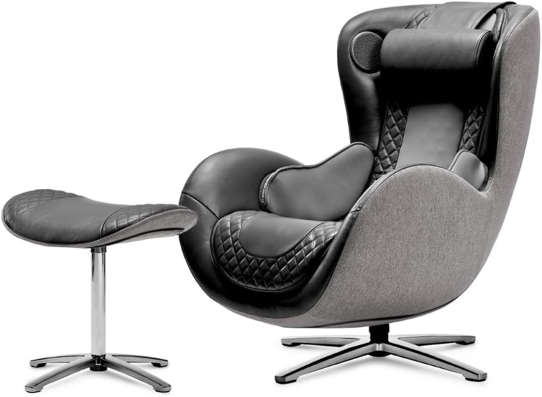 Dark leather massage chair with quilted seat panels and matching ottoman on a chrome swivel base.