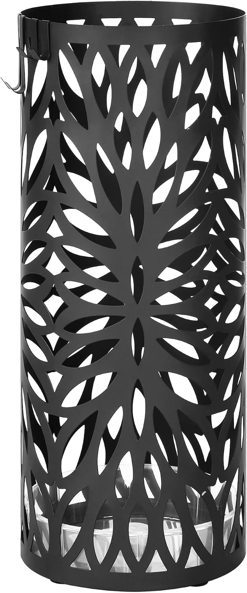 Tall cylindrical metal umbrella holder with floral cutout pattern and visible clear drip tray at the base