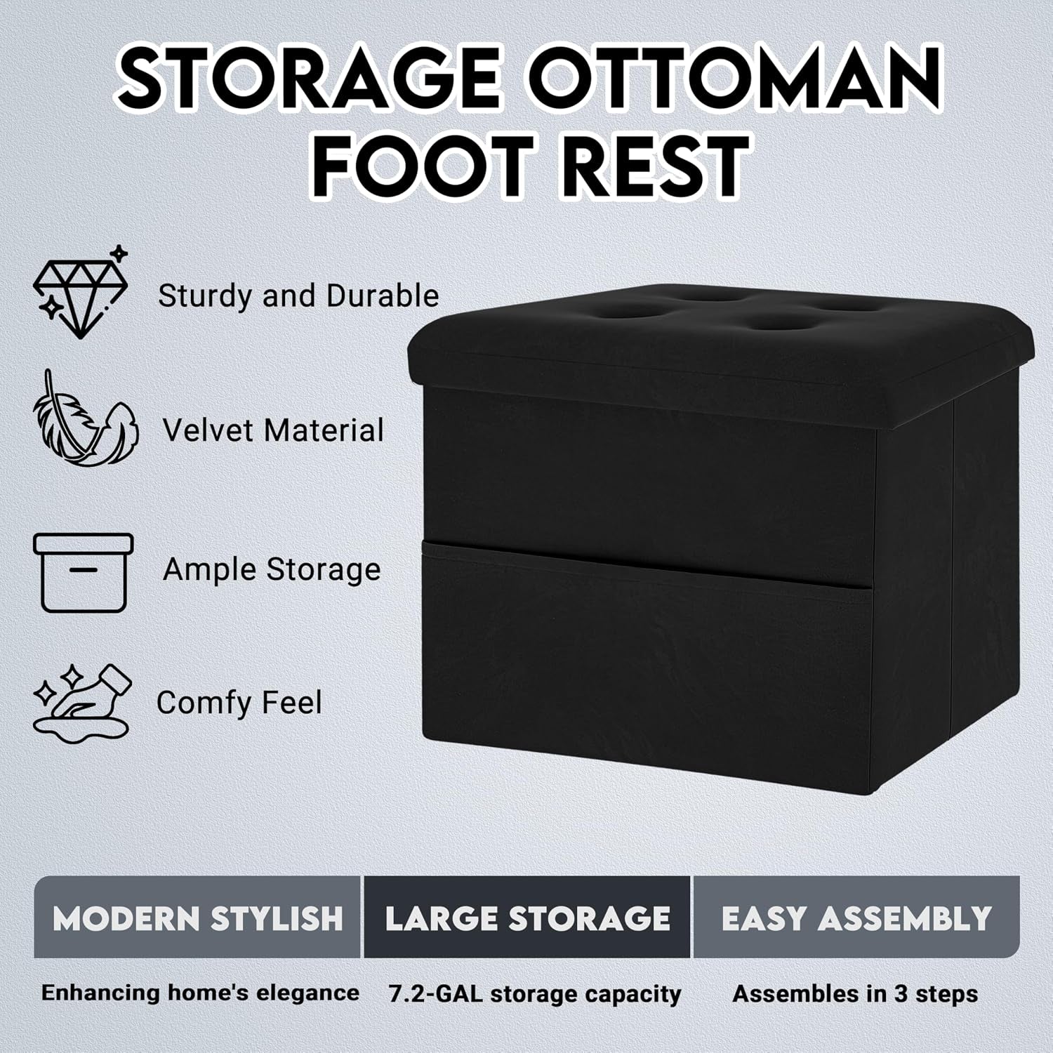 Black velvet ottoman on light background with icons highlighting sturdy construction and ample storage