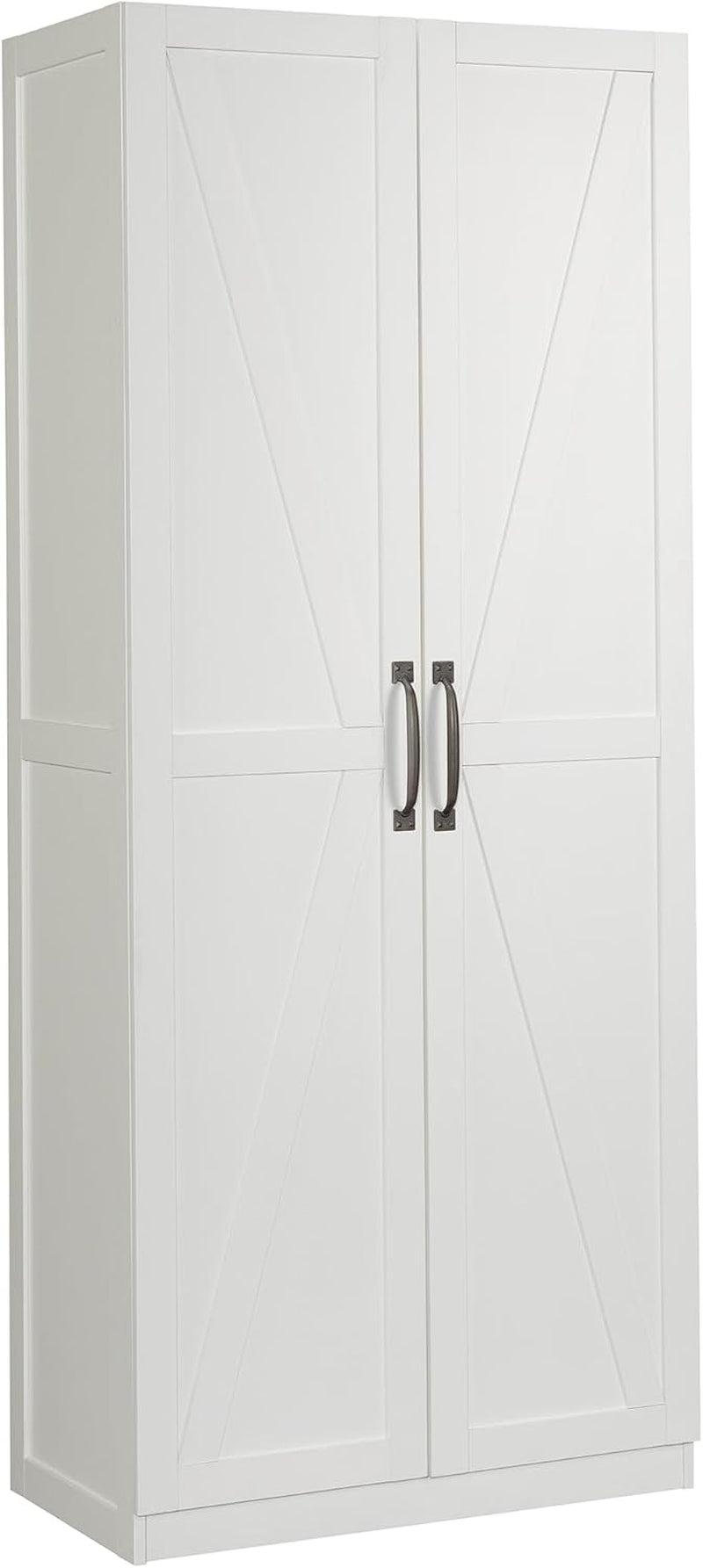 Tall white storage cabinet with X-pattern door panels and two vertical metal handles.