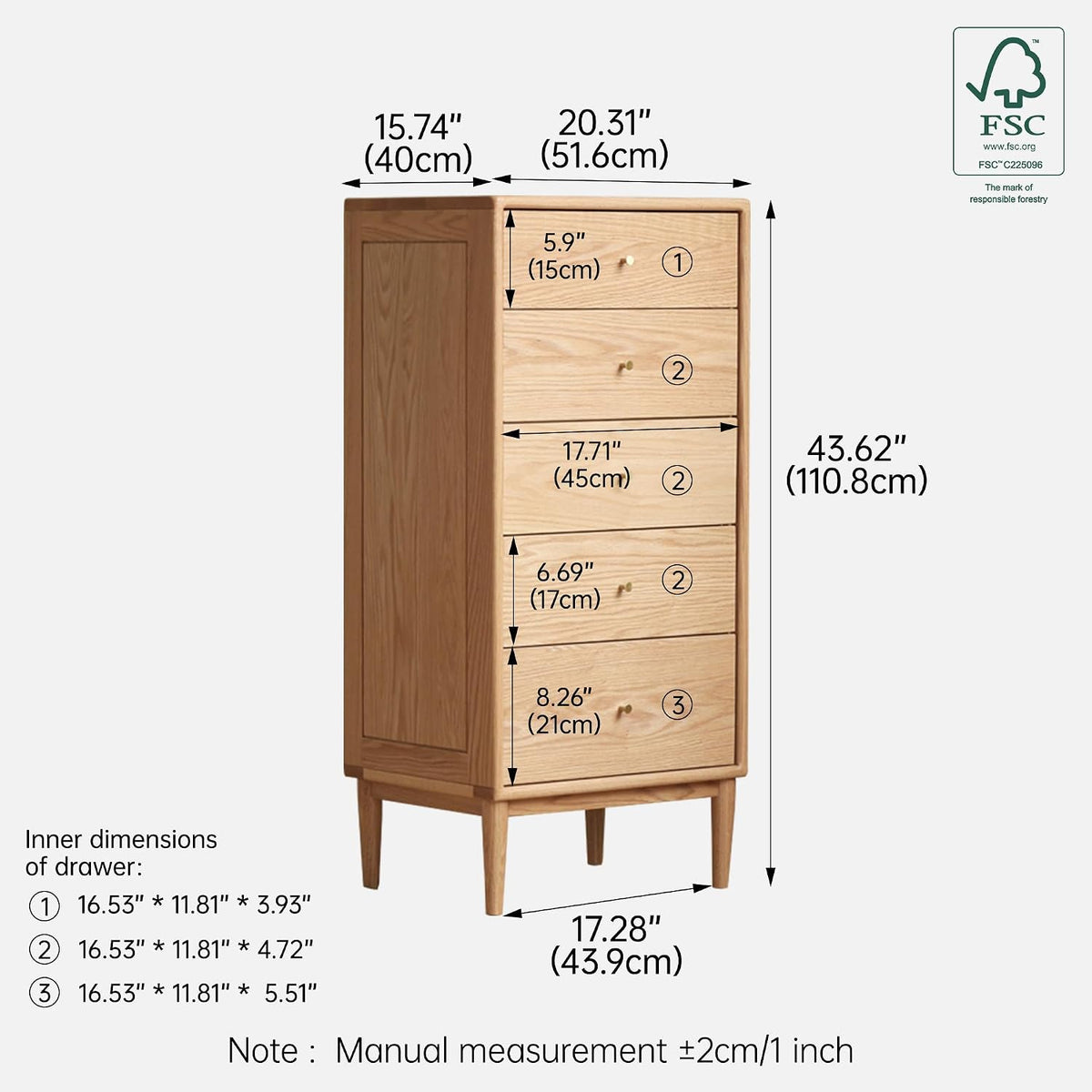 Dresser measurement diagram showing front, side and interior drawer dimensions