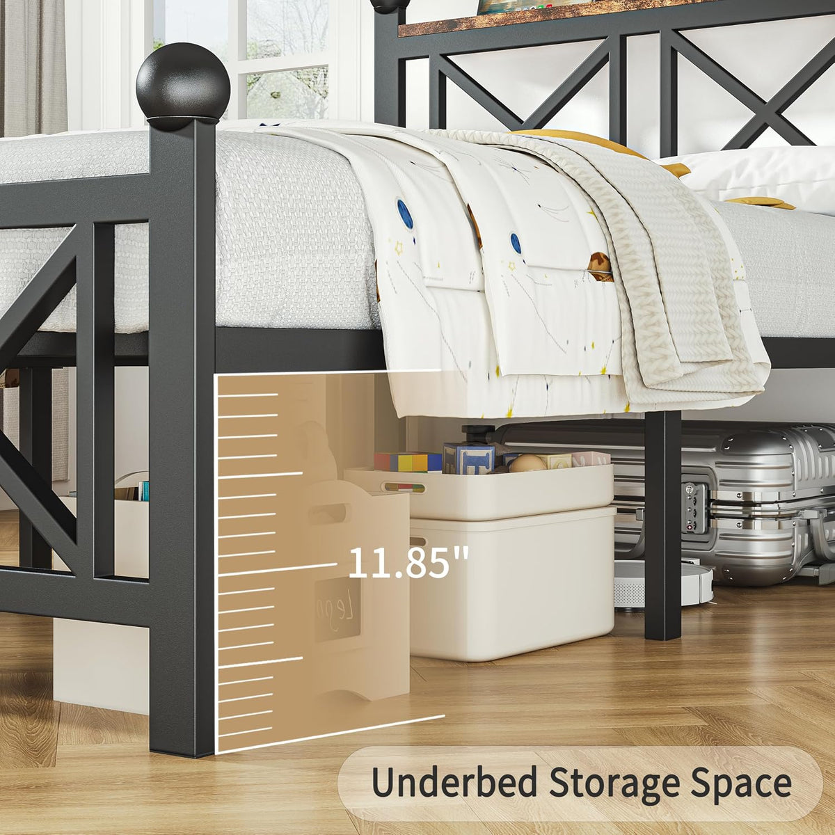 Close-up of bed foot and underbed area with storage bins and a ruler overlay indicating clearance.