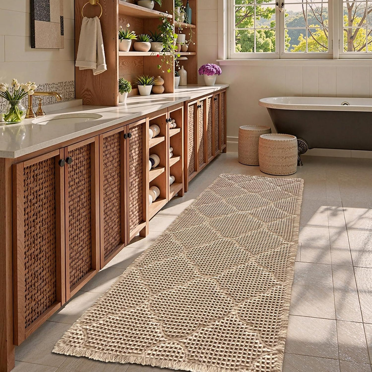 Long tan waffle runner styled in a bright bathroom with wooden cabinets and a freestanding tub