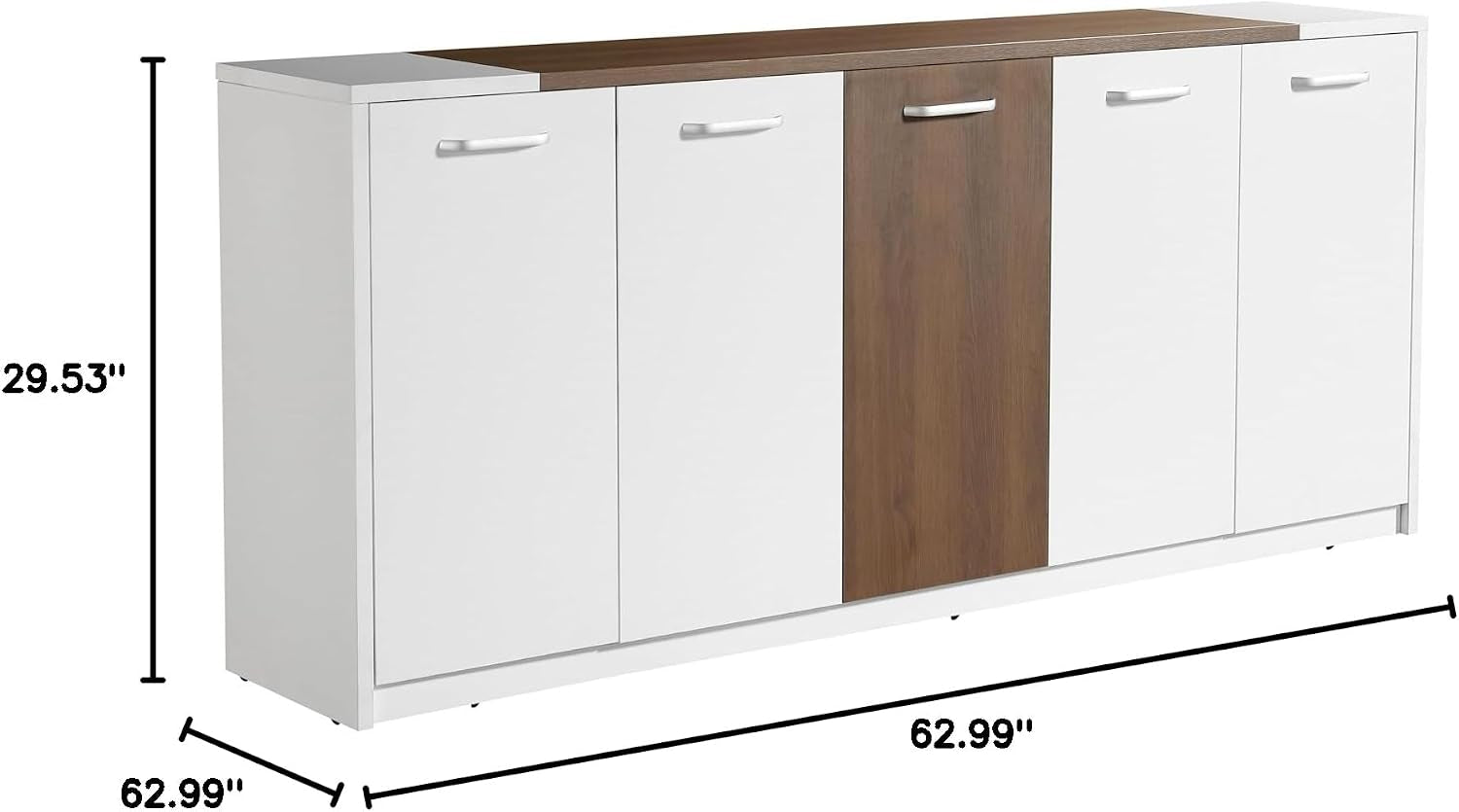 White and rustic brown storage cabinet front view with five doors and silver handles shown with dimension markings