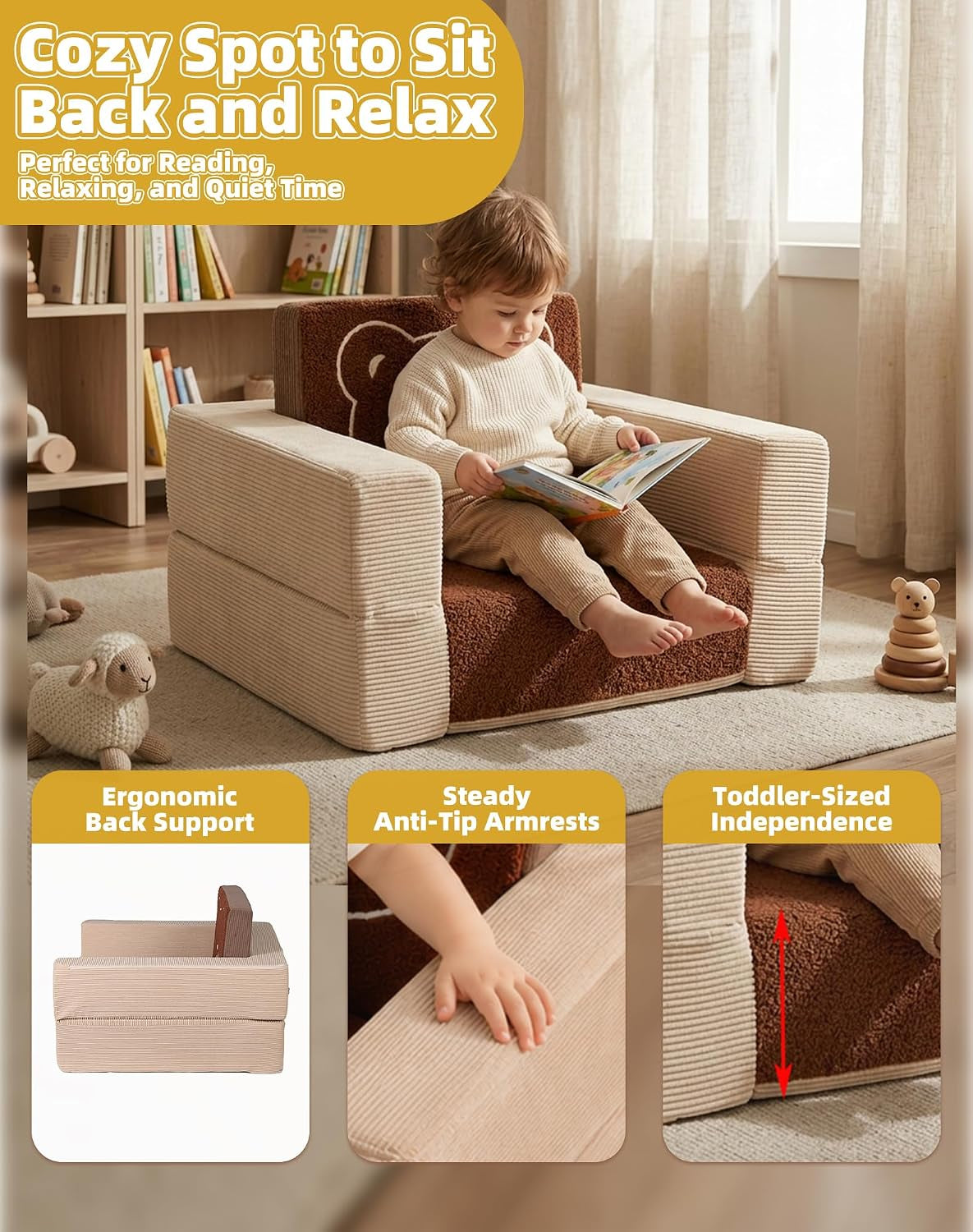 Toddler sitting on a small beige-and-brown foam sofa chair reading a book in a nursery setting